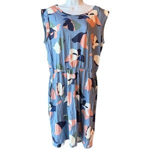 Boden Blue Abstract Floral Sleeveless Midi Dress US 14